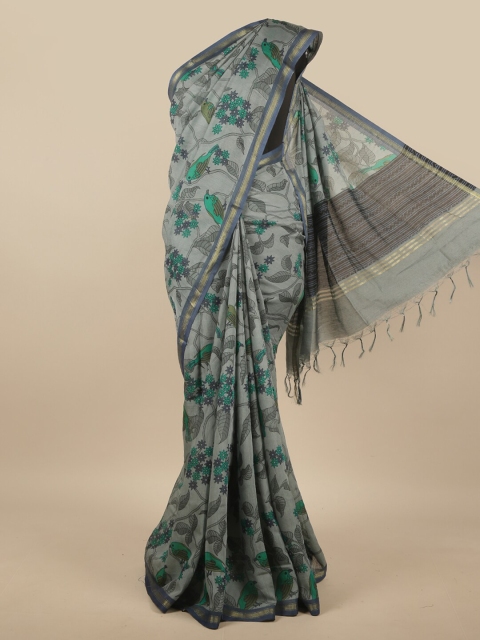 

Pothys Grey & Green Ethnic Motifs Zari Linen Blend Saree