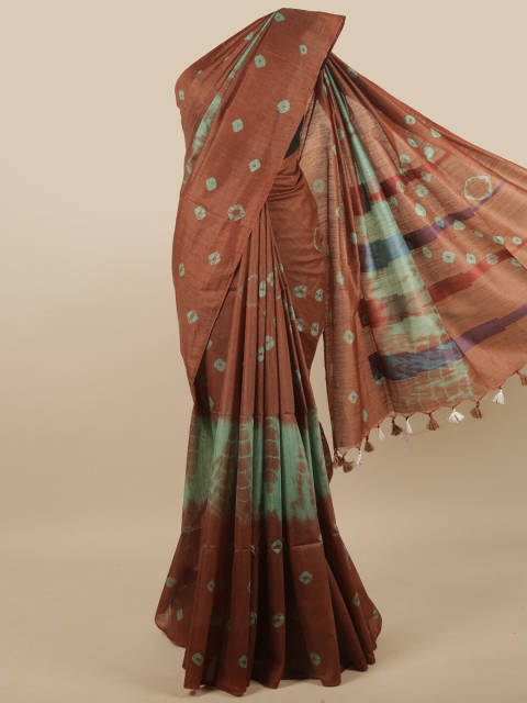 

Pothys Brown & Green Bandhani Jute Cotton Saree