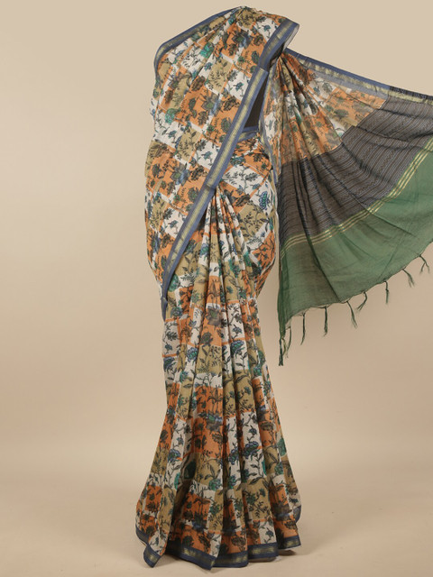 

Pothys White & Grey Floral Zari Linen Blend Saree