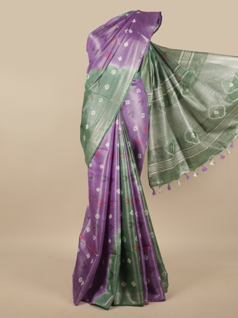 

Pothys Purple & Green Bandhani Printed Art Linen Saree