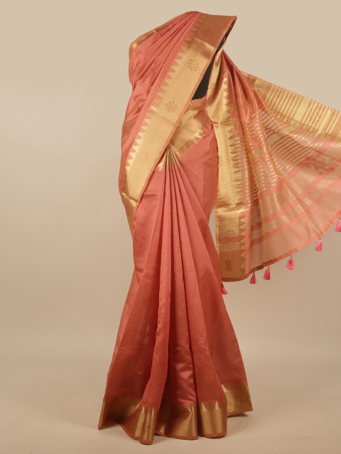 

Pothys Peach-Coloured & Gold-Toned Embellished Zari Saree