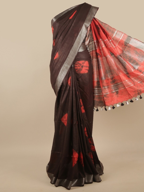 

Pothys Brown & Orange Bandhani Zari Jute Cotton Saree