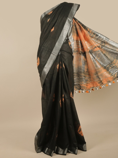 

Pothys Black & Orange Bandhani Zari Linen Blend Saree