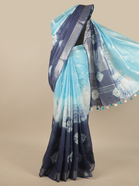 

Pothys Blue & White Bandhani Zari Linen Blend Saree