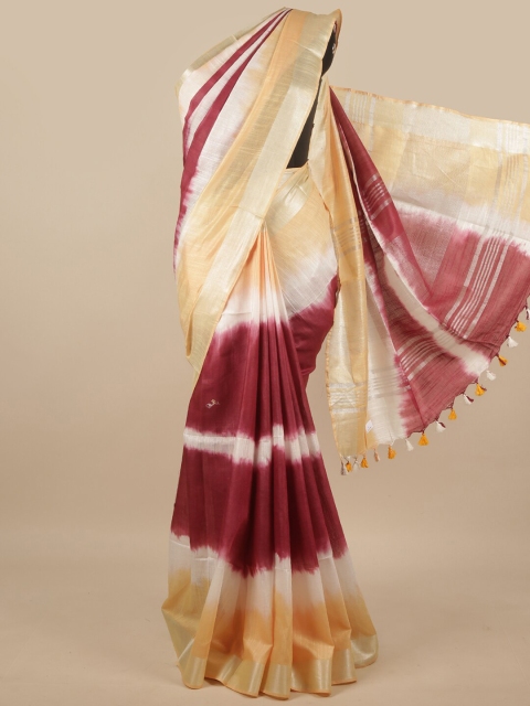 

Pothys Maroon & Cream-Coloured Tie and Dye Zari Linen Blend Saree