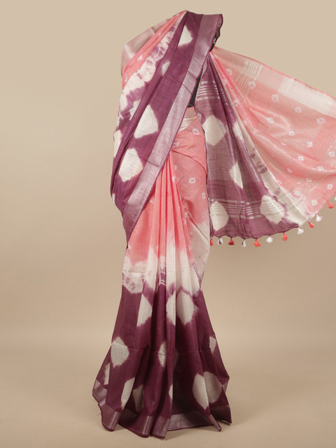 

Pothys Pink & White Bandhani Zari Art Linen Saree