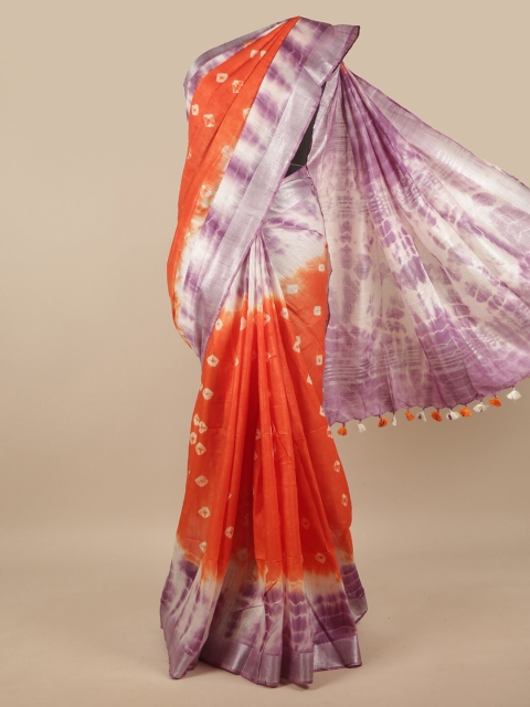 

Pothys Orange & Purple Bandhani Printed Zari Linen Blend Saree
