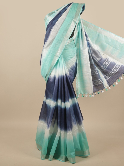 

Pothys Sea Green & White Tie and Dye Zari Linen Blend Saree