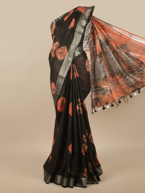 

Pothys Black & Orange Tie & Dye Printed Linen Blend Saree