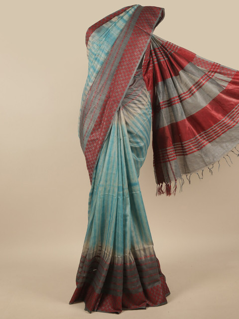 

Pothys Blue & Brown Zari Jute Cotton Saree