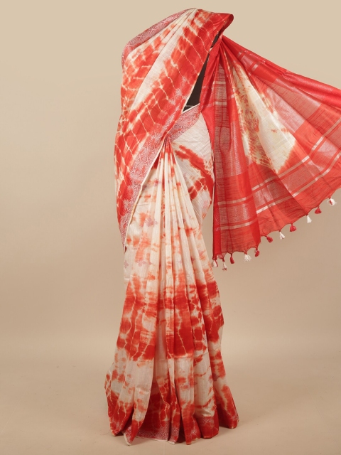 

Pothys Off White & Red Tie and Dye Zari Jute Cotton Saree
