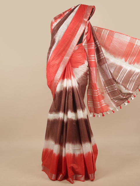 

Pothys Brown & Red Tie and Dye Zari Linen Blend Saree