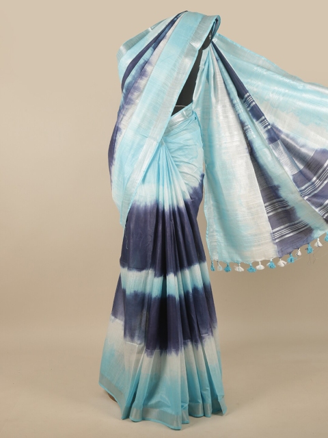 

Pothys Turquoise Blue & White Tie and Dye Zari Linen Blend Saree