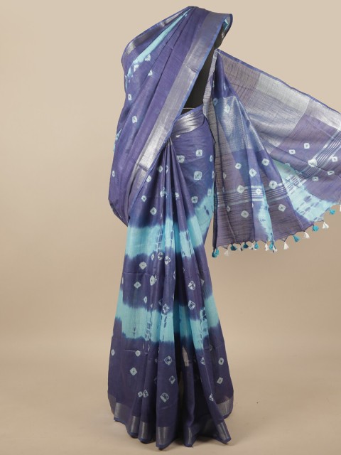 

Pothys Blue & White Bandhani Zari Linen Blend Saree
