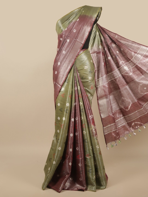 

Pothys Brown & Green Bandhani Linen Blend Saree