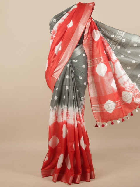 

Pothys Grey & Red Bandhani Linen Blend Saree