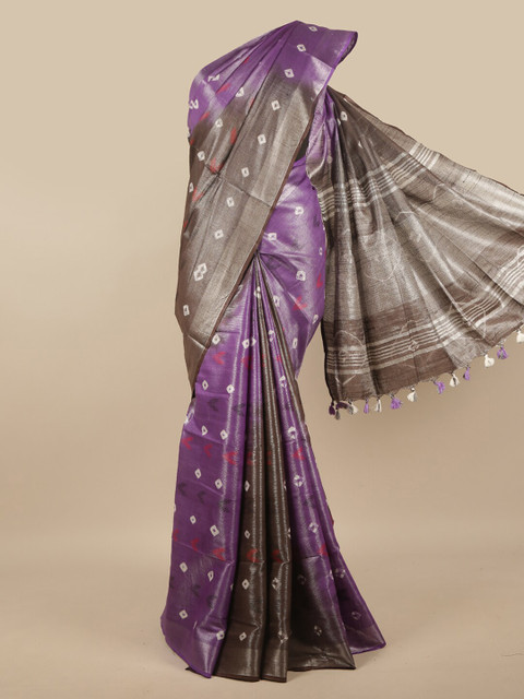 

Pothys Purple & Grey Bandhani Zari Linen Blend Saree