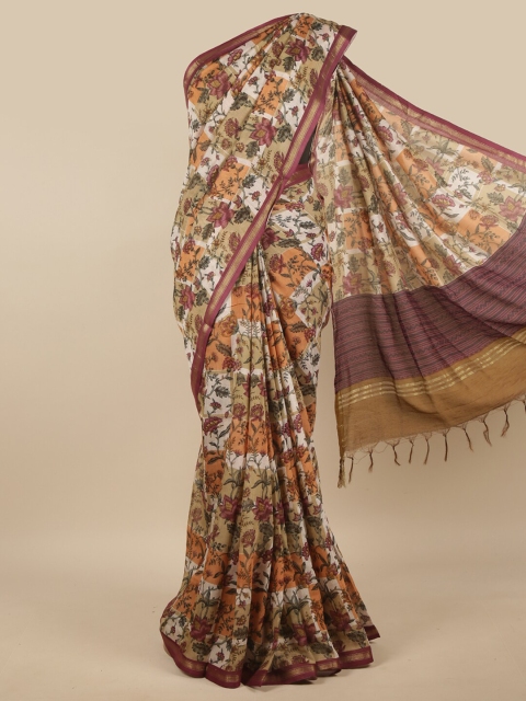 

Pothys White & Brown Floral Zari Linen Blend Saree