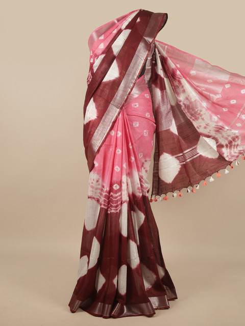 

Pothys Brown & Pink Bandhani Printed Zari Linen Blend Saree