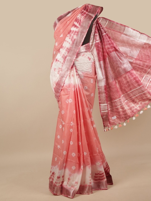 

Pothys Peach-Coloured & White Bandhani Zari Linen Blend Saree