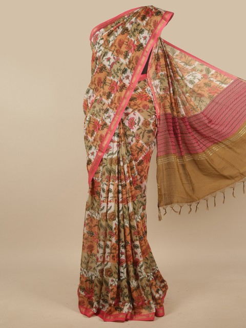

Pothys Brown & Pink Floral Printed Zari Linen Blend Saree