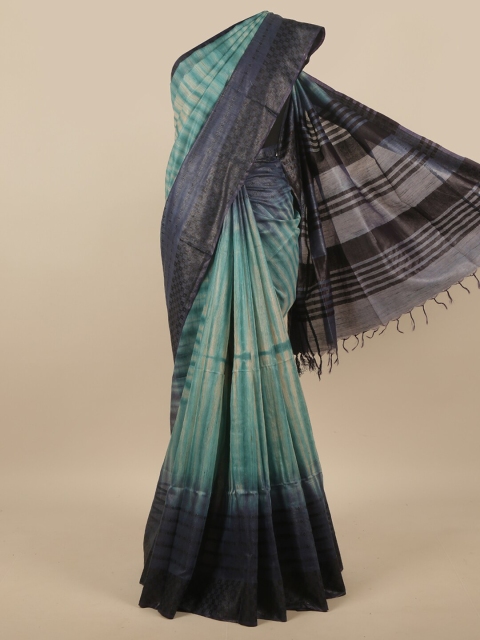 

Pothys Green & Navy Blue Striped Jute Cotton Saree