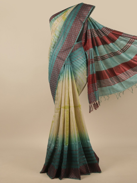 

Pothys Cream-Coloured & Teal Jute Cotton Saree