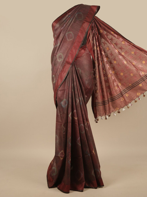 

Pothys Brown & Green Bandhani Zari Jute Cotton Saree