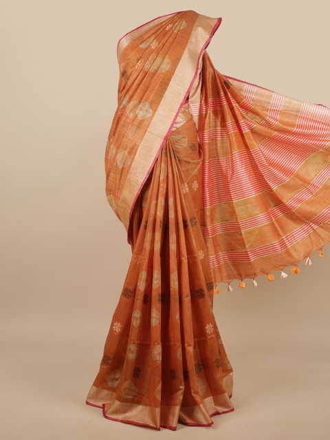 

Pothys Orange & Gold-Toned Floral Zari Linen Blend Saree