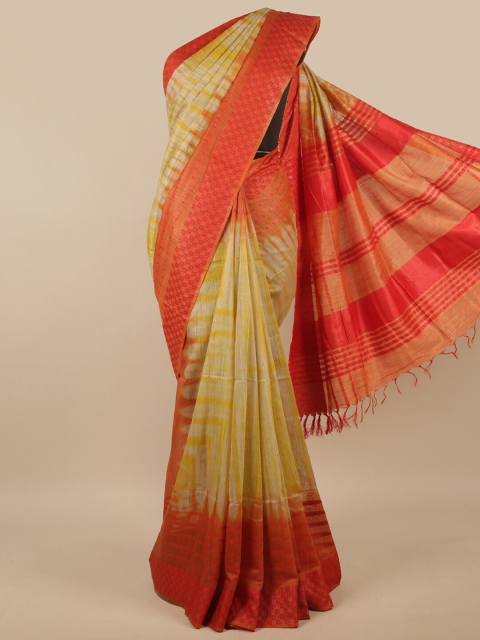 

Pothys Cream-Coloured & Orange Tie and Dye Jute Cotton Saree