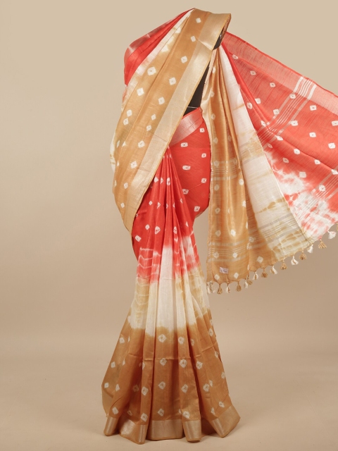 

Pothys Red & Beige Bandhani Zari Linen Blend Saree