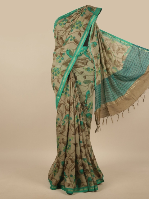 

Pothys Tan & Green Ethnic Motifs Zari Linen Blend Saree