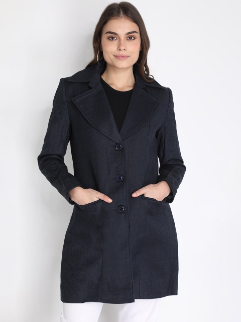 

LEBORK Women Blue Solid Woolen Trench Coat