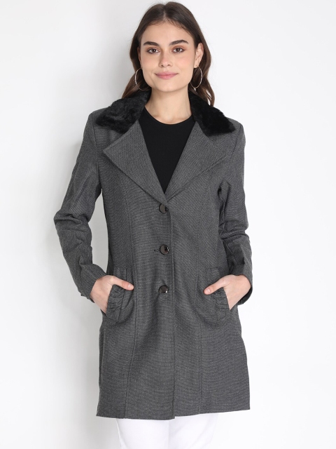 

LEBORK Women Grey & Black Solid Single-Breasted Trench Coat