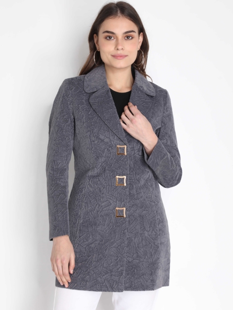 

LEBORK Women Grey Self Design Woollen Overcoat