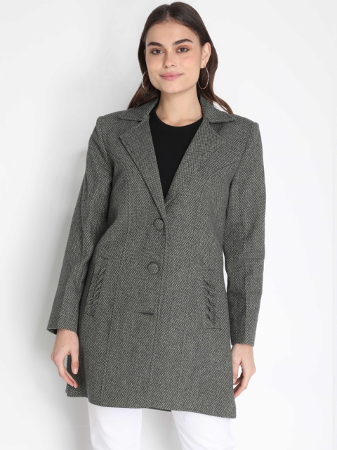 

LEBORK Women Green Woven Design Regular Fit Trench Coat