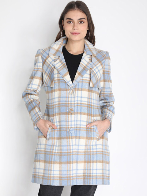 

LEBORK Women Blue & White Checked Wool Trench Coat