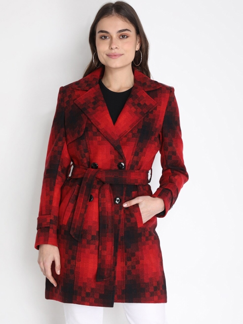 

LEBORK Women Red & Black Printed Woollen Pea Coat