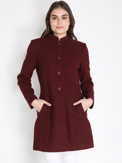 

LEBORK Women Maroon Solid Woolen Trench Coat