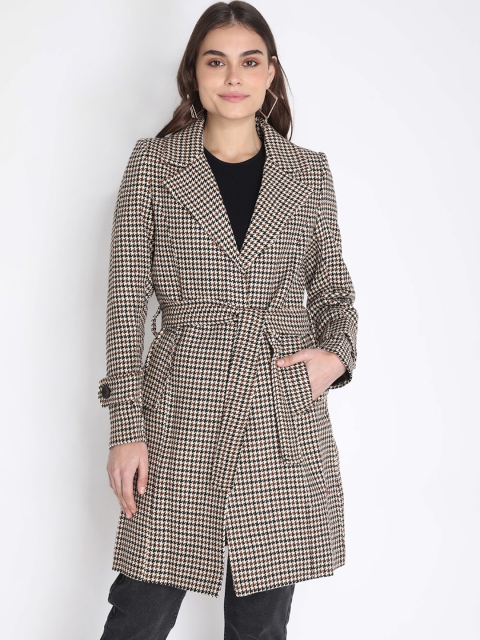 

LEBORK Women Coffee Brown & Black Checked Woollen Wrap Coat