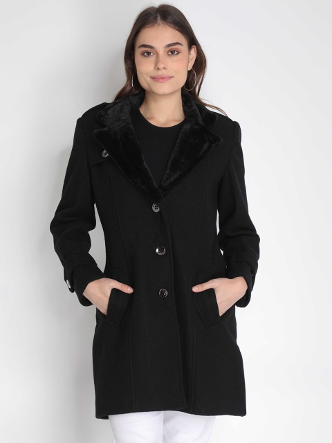 

LEBORK Women Black Solid Woolen Trench Coat