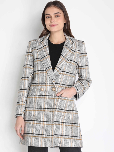 

LEBORK Women Grey Checked Wool Trench Coat