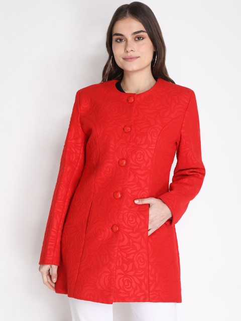 

LEBORK Women Red Self Design Woollen Overcoat