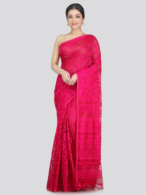

PinkLoom Pink & Red Woven Design Pure Cotton Jamdani Saree
