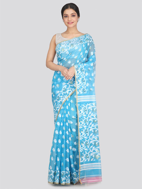 

PinkLoom Blue & White Woven Design Pure Cotton Jamdani Saree