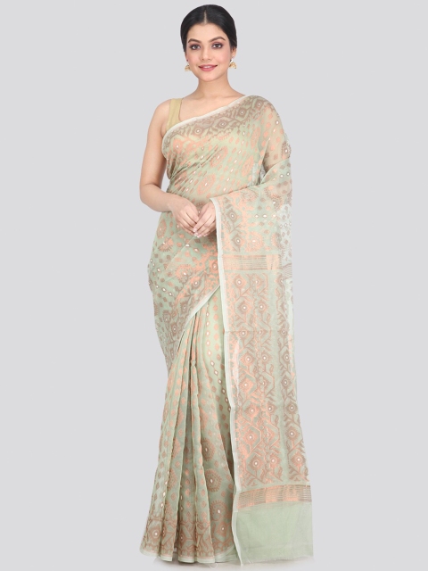 

PinkLoom Green & Copper-Toned Woven Design Pure Cotton Jamdani Saree