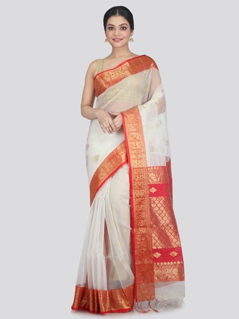 

PinkLoom White & Red Woven Design Zari Silk Blend Saree