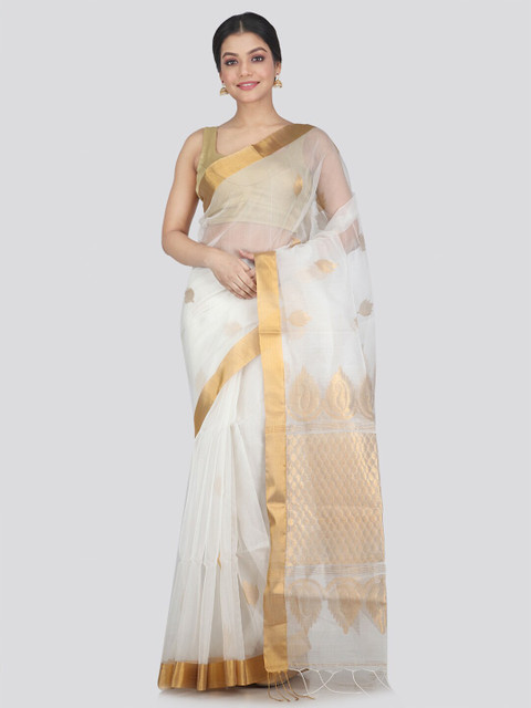 

PinkLoom White & Gold-Toned Woven Design Silk Saree