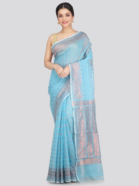 

PinkLoom Turquoise Blue & Copper-Toned Woven Design Pure Cotton Jamdani Saree