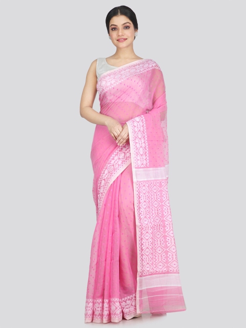 

PinkLoom Pink & White Woven Design Pure Cotton Jamdani Saree